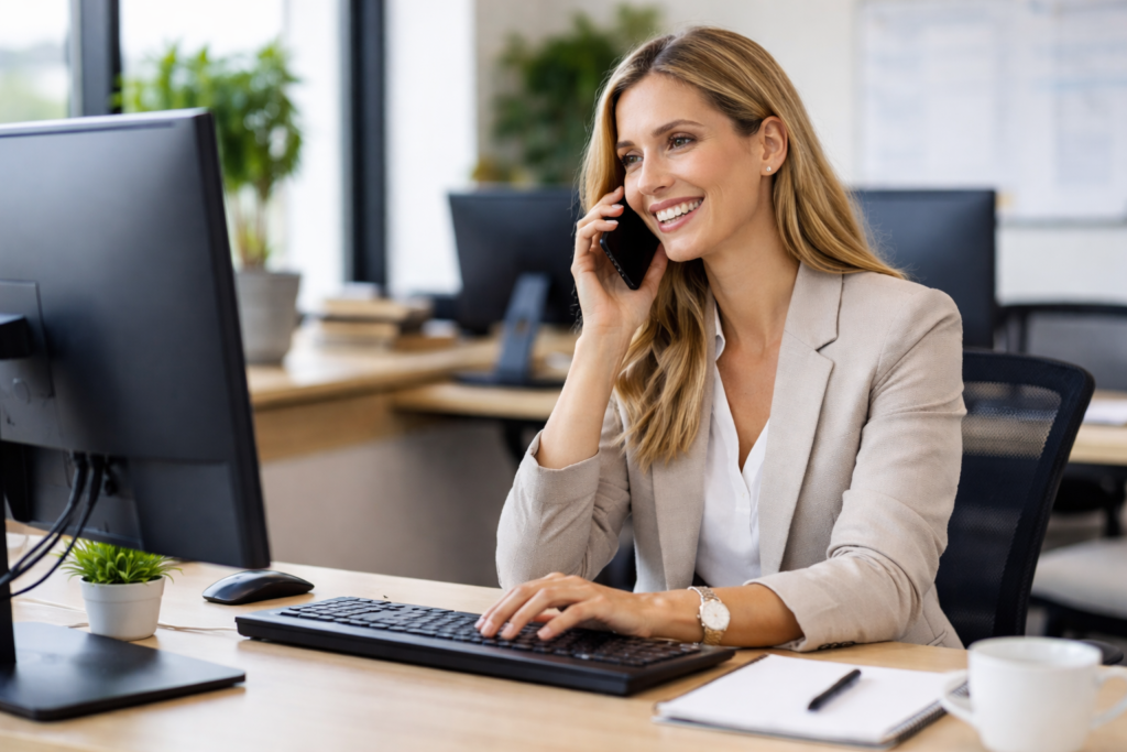 professional woman multitasking in office