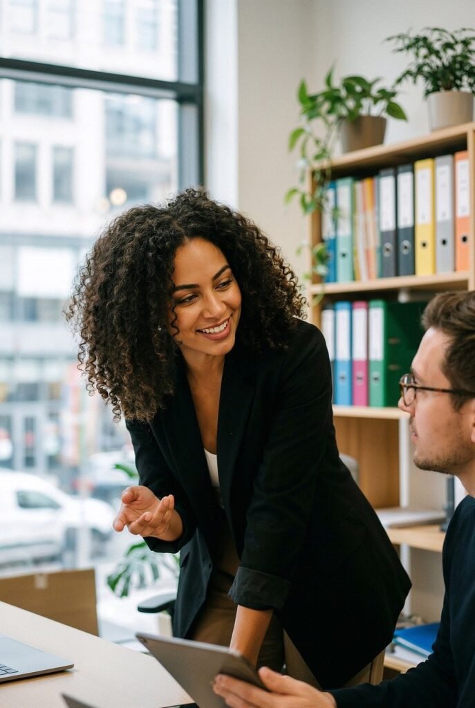 business, interview, conversation, office, professional, teamwork, collaboration, meeting, employee, workplace, smiling, corporate, discussion, communication, career, networking, colleague, modern, success, partnership, ai generated